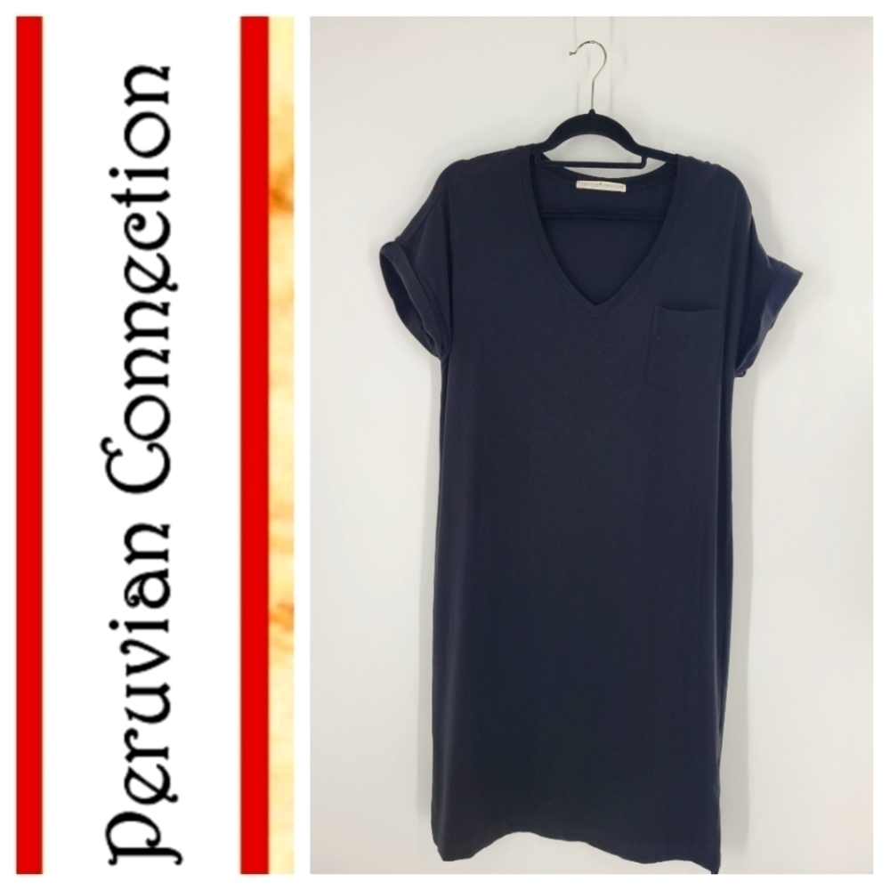 Peruvian Connection Black Pima Cotton V Neck Short Sleeve Dress Size L